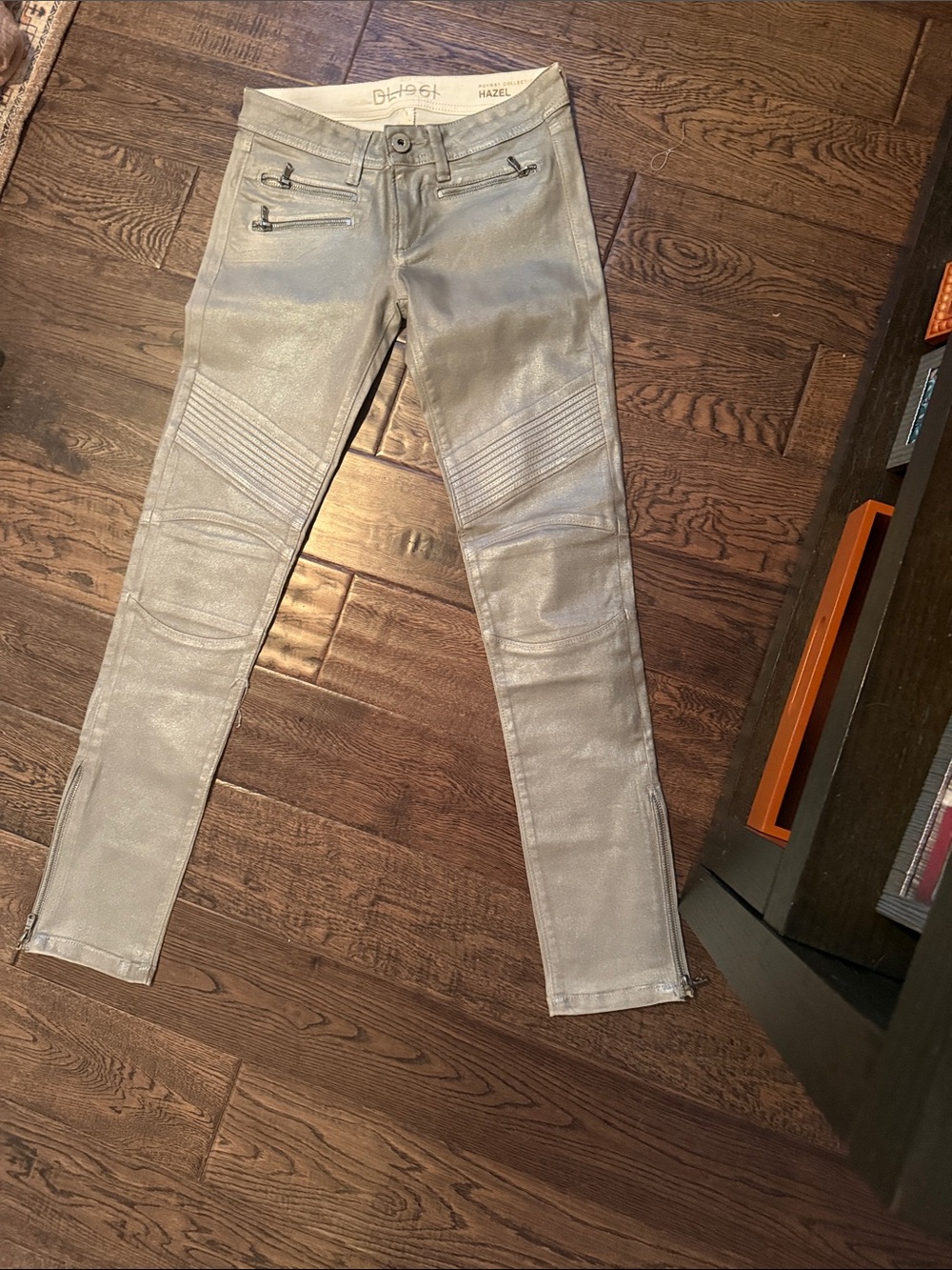DL1961 Metallic Silver Skinny Moto Jeans
